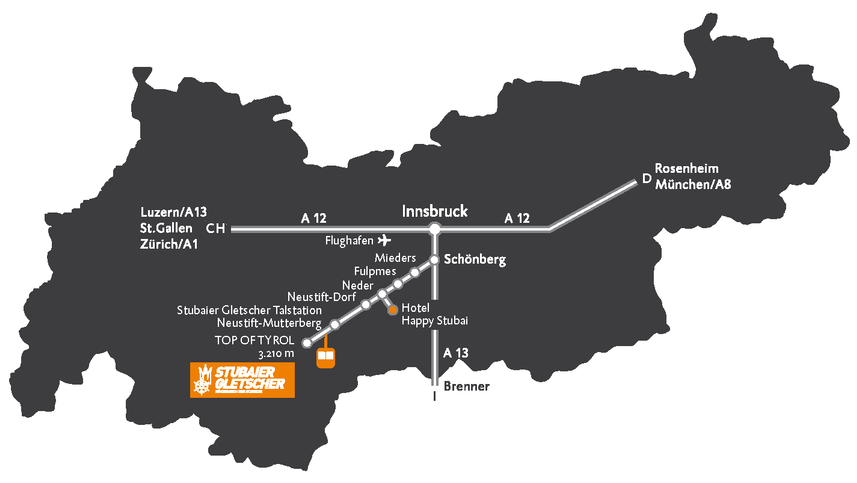 Übersichtskarte für die Anfahrt zum Stubaier Gletscher